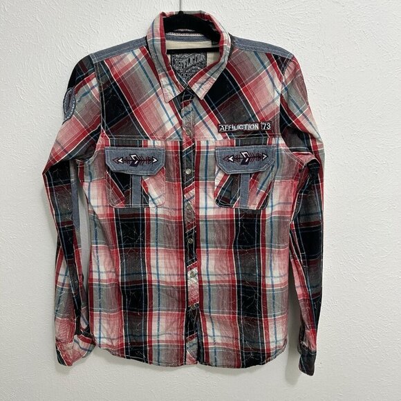 Affliction Pearl Snap Embroidered Red Plaid Western Shirt Elbow Patch Women’s L - Picture 1 of 11
